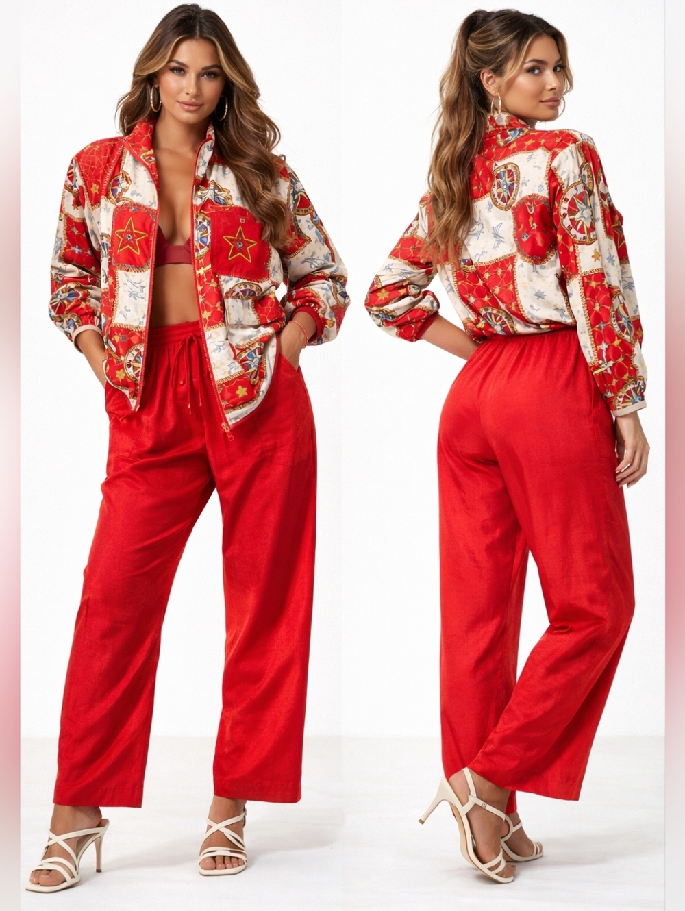VINTAGE MURELI 100% Silk Pants Set Womens Medium Red Nautical Baroque Maximalist